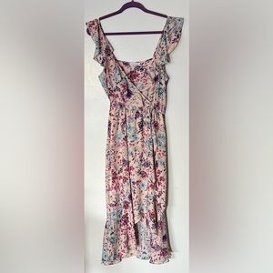 Socialite Pink Floral Faux Wrap Midi Dress - Large